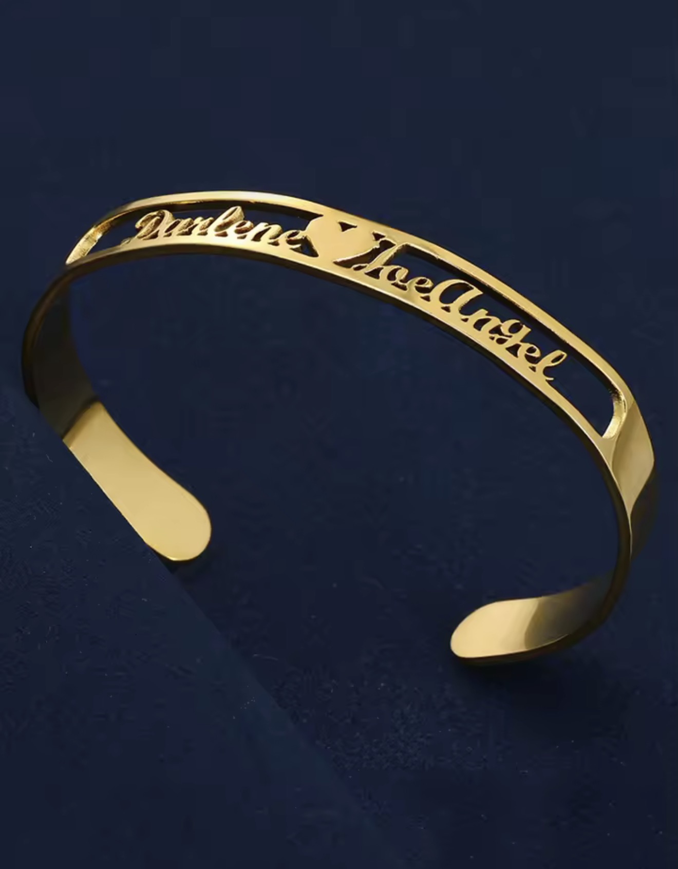 Engraved cuff bracelet, side view