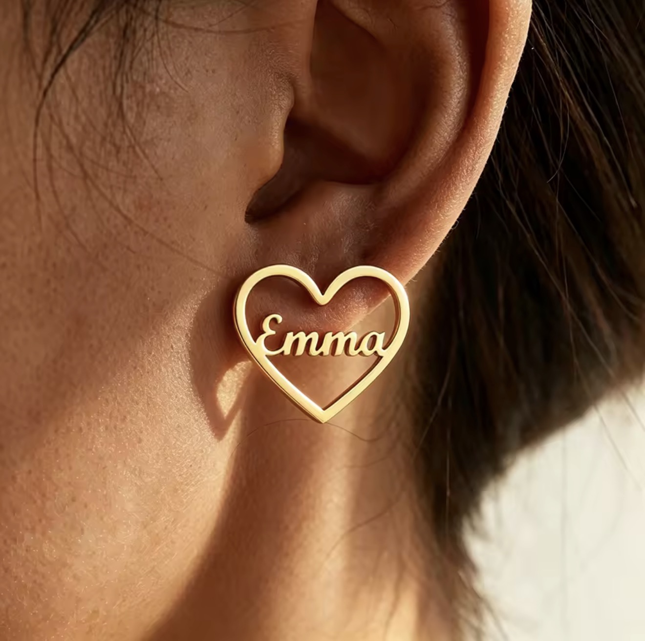 Gold heart-shaped personalized name earrings