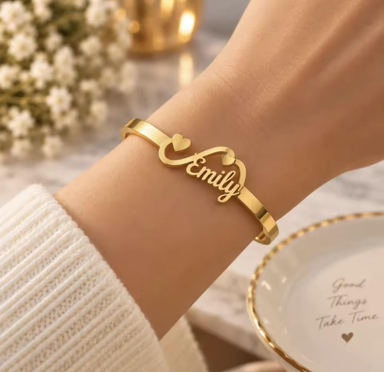 Infinity-style personalized name bracelet