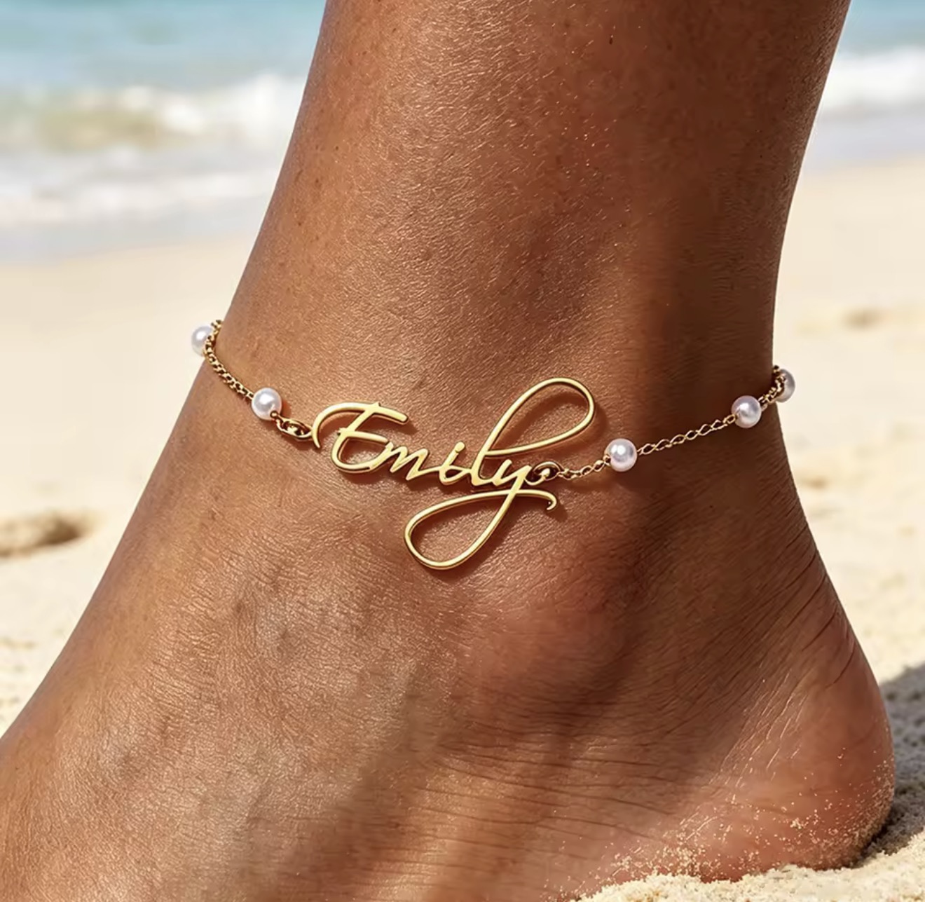 Gold personalized name anklet with pearl accents