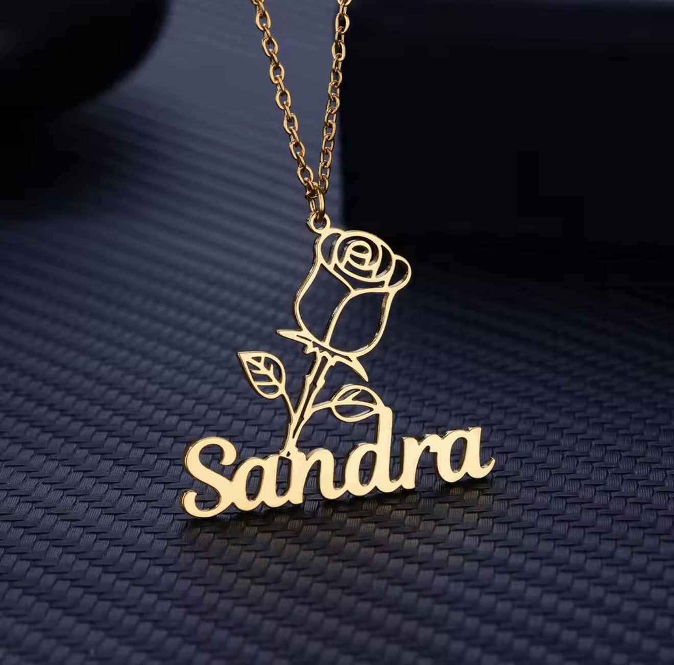 Gold rose and personalized name pendant necklace