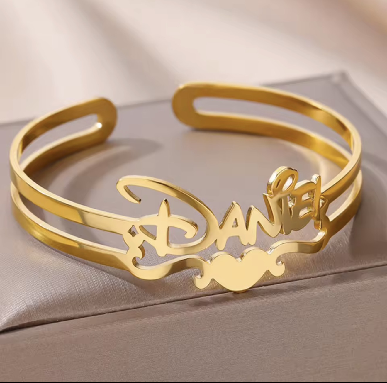 Gold personalized open cuff bracelet with script name